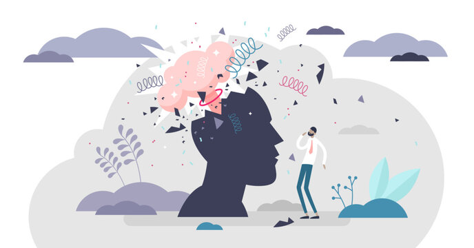 Head explode illustration, transparent background. Mind blowing pressure flat tiny person concept. Abstract human silhouette with mental mind blast and explosion.
