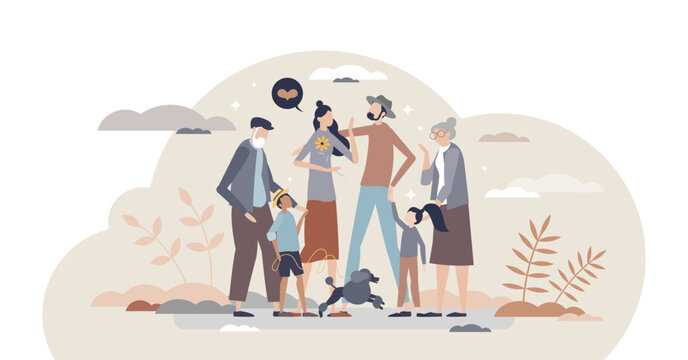 Happy family as joy moment with all relatives together tiny person concept, transparent background. Grandparents, children, dog and adult couple quality time together illustration.