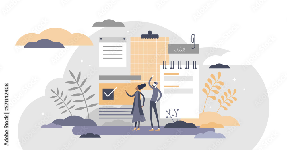 Poster notes as information reminder and time planning tool flat tiny persons concept, transparent backgrou