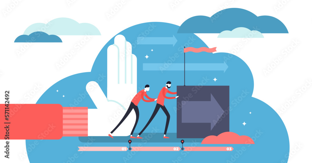 Poster push illustration, transparent background. flat tiny idea forward movement person concept. overcomin