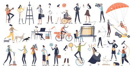 Occupations and professional work and job choice items tiny person concept, transparent background. Various employees from medical nurse and doctor to pilot and architect illustration. - obrazy, fototapety, plakaty