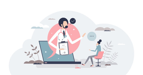Online doctor counseling and healthcare appointment tiny person concept, transparent background. Digital connection and distant meeting with specialist illustration.
