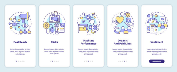 Social media advertising metrics onboarding mobile app screen. Walkthrough 5 steps editable graphic instructions with linear concepts. UI, UX, GUI template. Myriad Pro-Bold, Regular fonts used