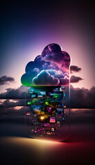 digital Cloud computing technology concept and social media colorful lighting, generative AI