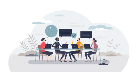 Project strategy team meeting or business future planning analysis tiny person concept, transparent background. Brainstorm teamwork with talking process for discussion, presentation.