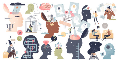Psychology as medical mental health problems in tiny person collection set, transparent background. Elements with psychotherapy, anxiety and mood change illustration.