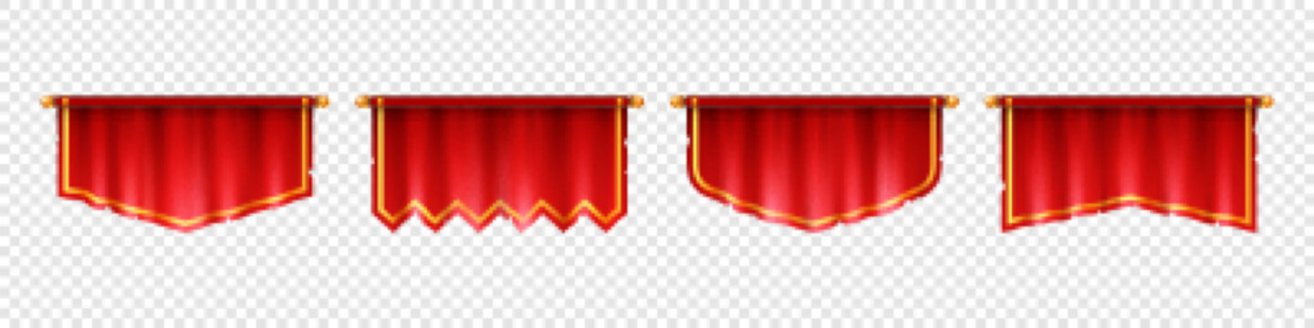 Medieval red flags, hanging royal banners with gold border. Blank cloth pennants, vintage vertical fabric flags isolated on transparent background, vector realistic set