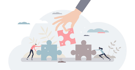 Naklejka na ściany i meble Find solution as fitting together jigsaw puzzle pieces tiny person concept, transparent background.Collaboration, teamwork and work support for problem solving illustration.