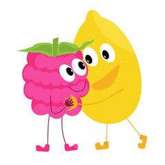 Friendly hug concept. Sweet raspberry berry in the arms of a lemon. Illustration on the topic of making fruit juices, smoothies, ice cream, raspberry and lemon sweets