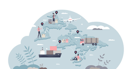 Supply chain management with cargo logistics and sourcing process tiny person concept, transparent background. Worldwide transportation and shipping scheme.