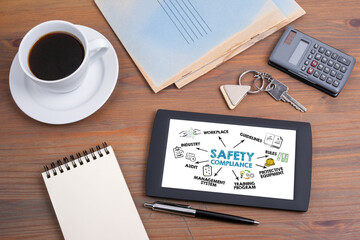 SAFETY COMPLIANCE Concept. Text on tablet device, wooden table