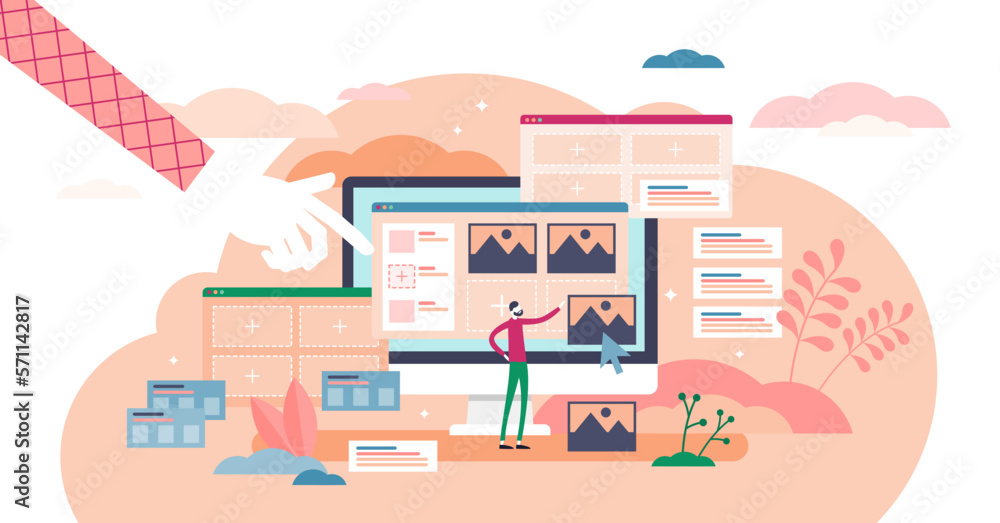 Poster website builder app concept, flat tiny person illustration, transparent background. drag and drop in