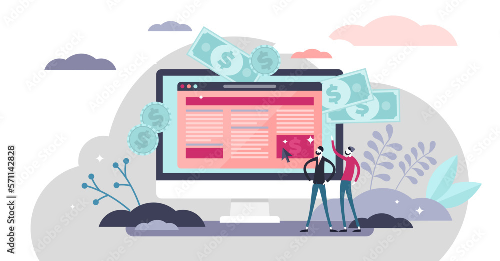 Poster website monetization concept, flat tiny persons illustration with two online e-commerce marketers an