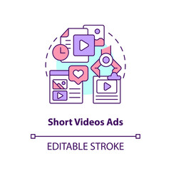 Short videos ads concept icon. Products presentation. Type of social media promo abstract idea thin line illustration. Isolated outline drawing. Editable stroke. Arial, Myriad Pro-Bold fonts used