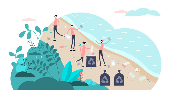 Volunteer team cleaning plastic pollution waste on the beach near forest, transparent background. Flat tiny persons concept illustration. Planet environment problem and waste crisis.