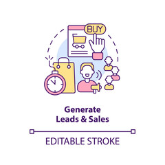 Generate leads and sales concept icon. Social media advertising goal abstract idea thin line illustration. Isolated outline drawing. Editable stroke. Arial, Myriad Pro-Bold fonts used