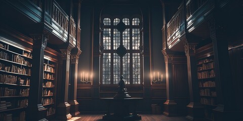 Beautiful Fantasy Gothic library. Digital illustration. Concept art. Fantasy scenery. Generative AI