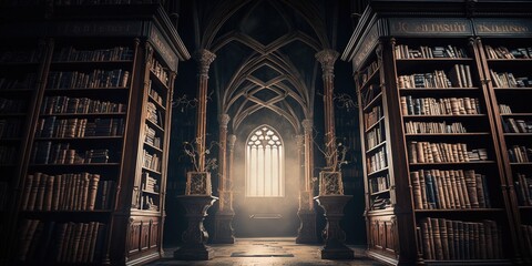 Beautiful Fantasy Gothic library. Digital illustration. Concept art. Fantasy scenery. Generative AI - obrazy, fototapety, plakaty