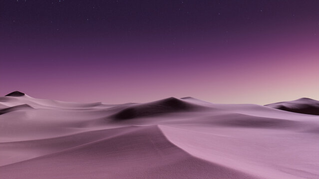 Night Landscape, with Desert Sand Dunes. Scenic Contemporary Wallpaper with Purple Gradient Starry Sky