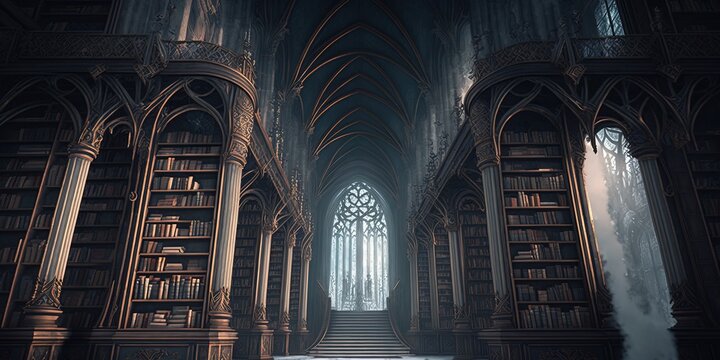 Beautiful Fantasy Gothic library. Digital illustration. Concept art. Fantasy scenery. Generative AI