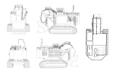 Blue print outline excavator loader machinery industry illustration set of constructive vehicles and digging machine isolated on background