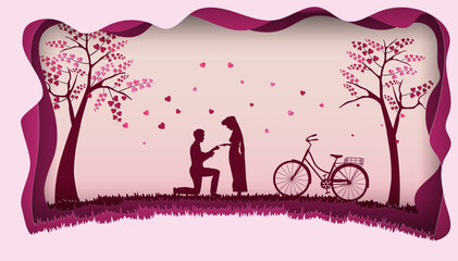 Lovely couple design in soft pink background with bicycle.Paper art style