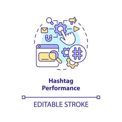 Hashtag performance concept icon. SEO analysing. Social media advertising metric abstract idea thin line illustration. Isolated outline drawing. Editable stroke. Arial, Myriad Pro-Bold fonts used