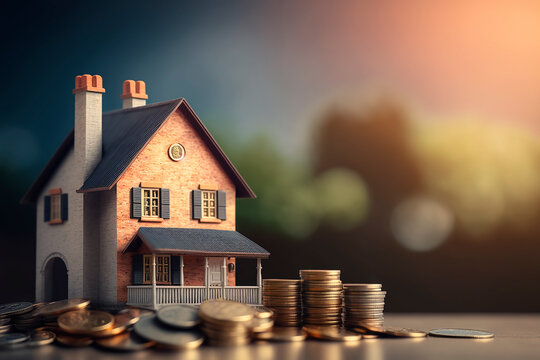 house model and money coins for concept saving money, concept of expensive living, expensive future, generative ai