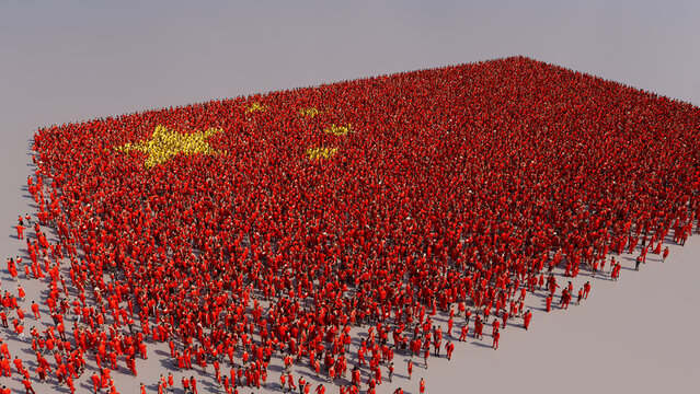Chinese Flag formed from a Crowd of People. Banner of China on White.
