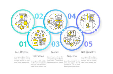 Social media advertising advantages circle infographic template. Data visualization with 5 steps. Editable timeline info chart. Workflow layout with line icons. Myriad Pro-Regular font used
