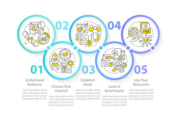 Start social media advertising circle infographic template. Data visualization with 5 steps. Editable timeline info chart. Workflow layout with line icons. Myriad Pro-Regular font used