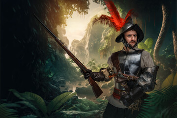 Art of brave conquistador from past with plate armor in tropical jungle of island.