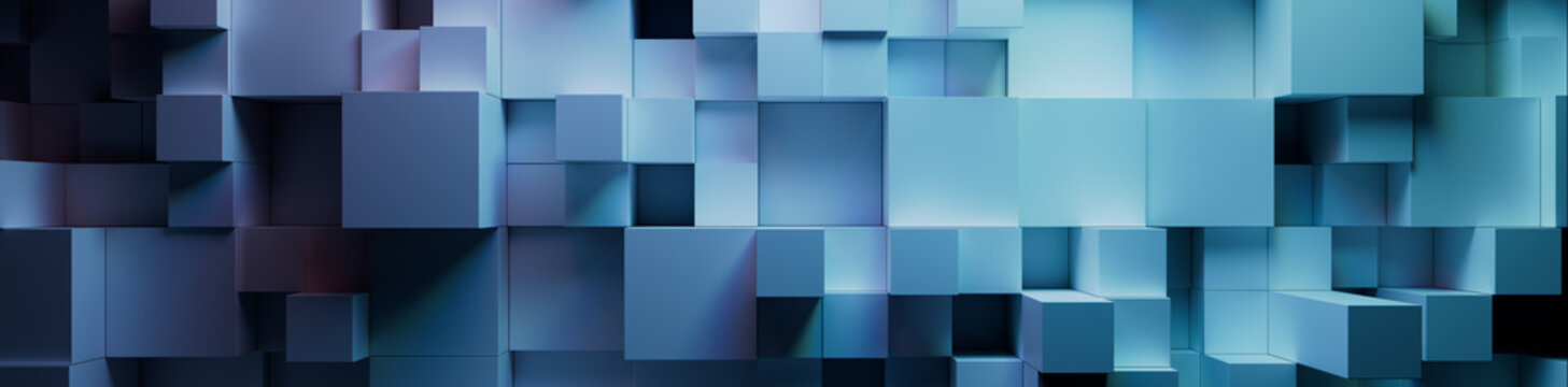 Purple and Aqua, Multisized Cubes Precisely Constructed to create a Modern Tech Banner. 3D Render.