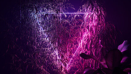 Cyberpunk Background Design. Tropical Plants with Blue and Pink, Triangle shaped Neon Frame.