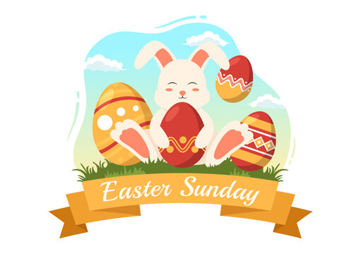 Happy Easter Sunday Day Illustration with Colorful Painted Eggs and Cute Bunny for Web Banner or Landing Page in Hand Drawn Templates