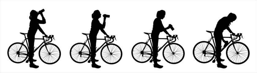 Obraz premium Girl with a bicycle in her hands. The woman stopped to drink water from a bottle. Quench thirst. A group of cyclists. Ride a bicycle. Side view. Four black female silhouettes isolated on white