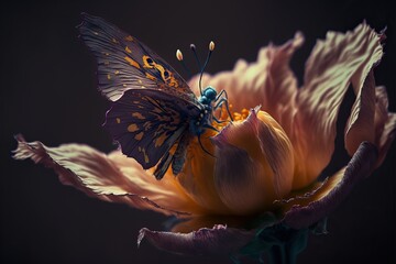 Fototapeta na wymiar Close up butterfly perched on a flower. Image generated with AI.