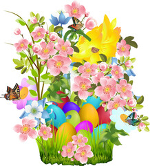 easter composition with easter eggs and spring flowers