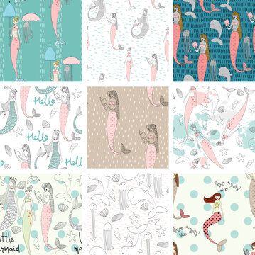 Set of vector cute seamless patterns with a mermaids and seashells for fabric, wrapping paper, etc.