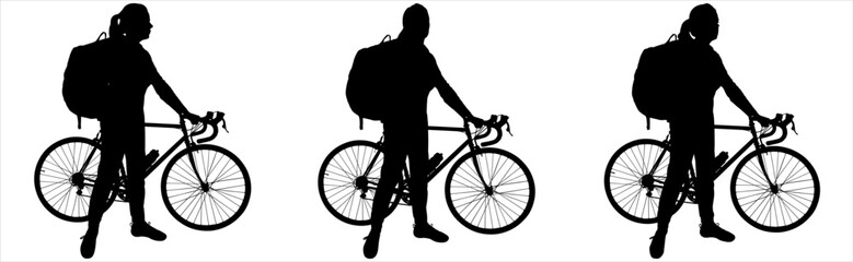 A girl is standing next to the bike, holding her hand on the handlebars of the bike. A cyclist with a big tourist backpack on his back. Bicycle: side view. Character: half-side view. Black silhouette