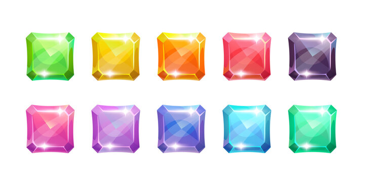 Set of colorful square crystal buttons for games