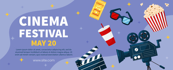 Vector horizontal template cinema movie festival poster card. Popcorn basket, ticket, clapper, 3d glasses on violet background. Flyer or brochure for event.