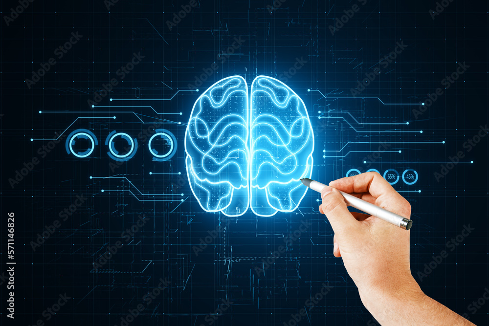 Aufkleber Close up of man hand with pen pointing at or selecting glowing brain hologram on blurry dark circuit background. Artificial intelligence and machine learning concept.