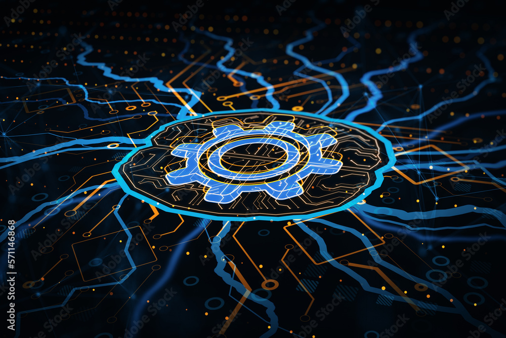 Poster Creative circuit brain and cogwheel hologram on dark background. AI, artificial intelligence, machine learning and neurology concept. 3D Rendering.