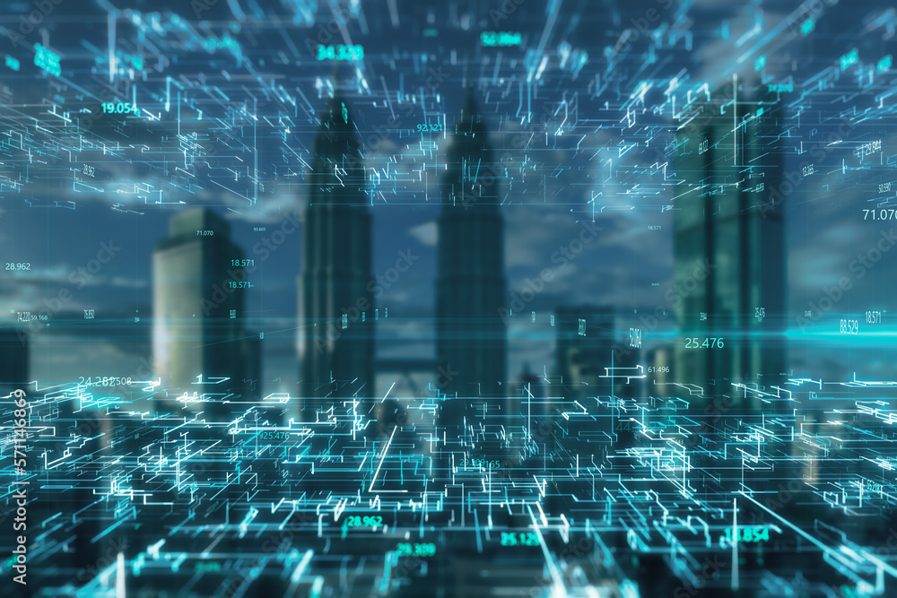 Poster creative glowing metaverse city backdrop with coding. technology, future and digital world concept. 