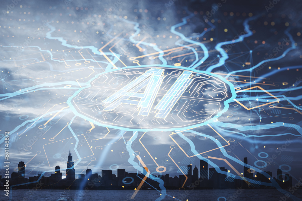Poster creative circuit brain hologram on blurry city backdrop. ai, artificial intelligence, machine learni