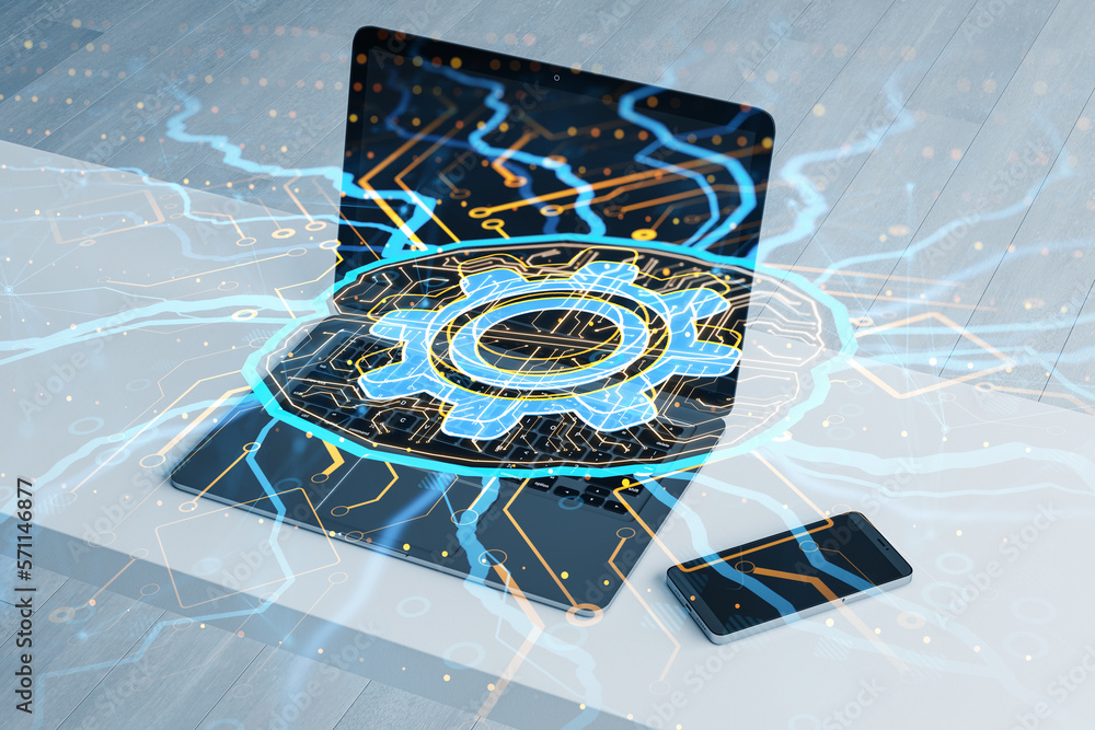 Poster Close up of laptop and cellphone on desktop with creative circuit cogwheel brain hologram on blurry background. AI, artificial intelligence, machine learning and neurology concept. Double exposure.