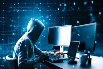 Side view of hacker at desk using laptop with glowing tech metaverse grid on blurry background....