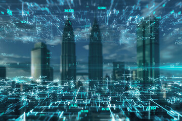 Creative glowing metaverse city backdrop with coding. Technology, future and digital world concept. Double exposure.