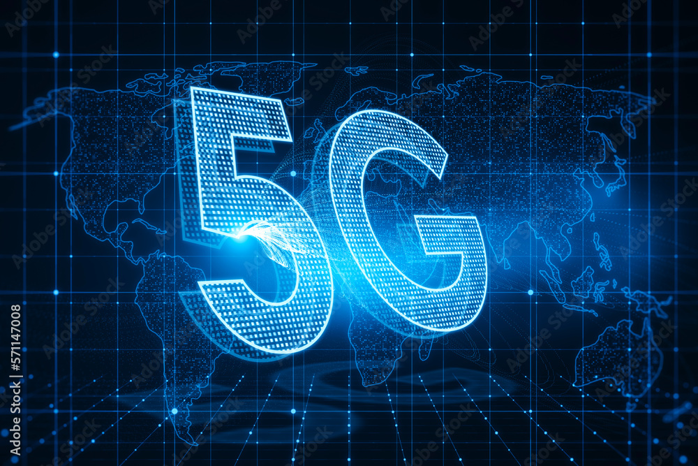 Aufkleber Global wireless and high speed internet connection concept with perspective view on digital glowing 5g symbol on world map technological background. 3D rendering
